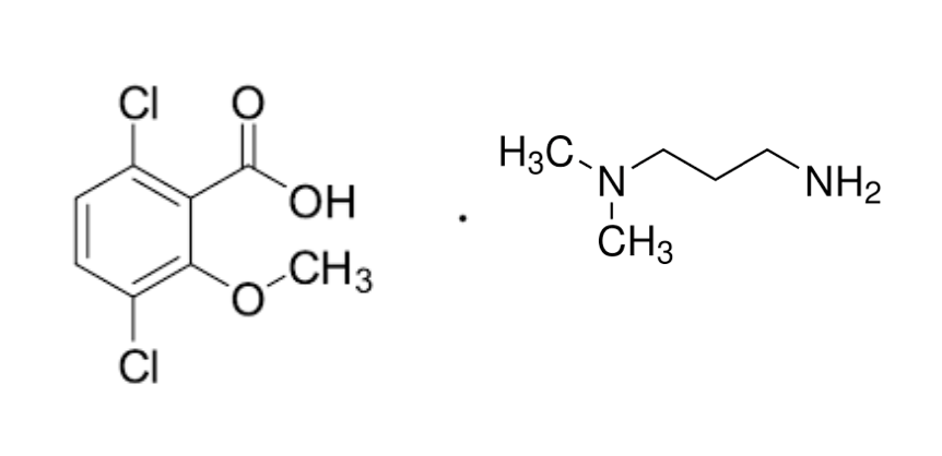 Формула молекулы Дикамба (диметилалкиламинная соль)| Formula of active ingredient Dicamba dimethyl alkylamine salt 